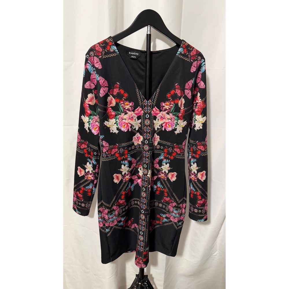 Bebe Womens Black Butterfly Floral Scarf Print Long Sleeve Bodycon Mini Dress L